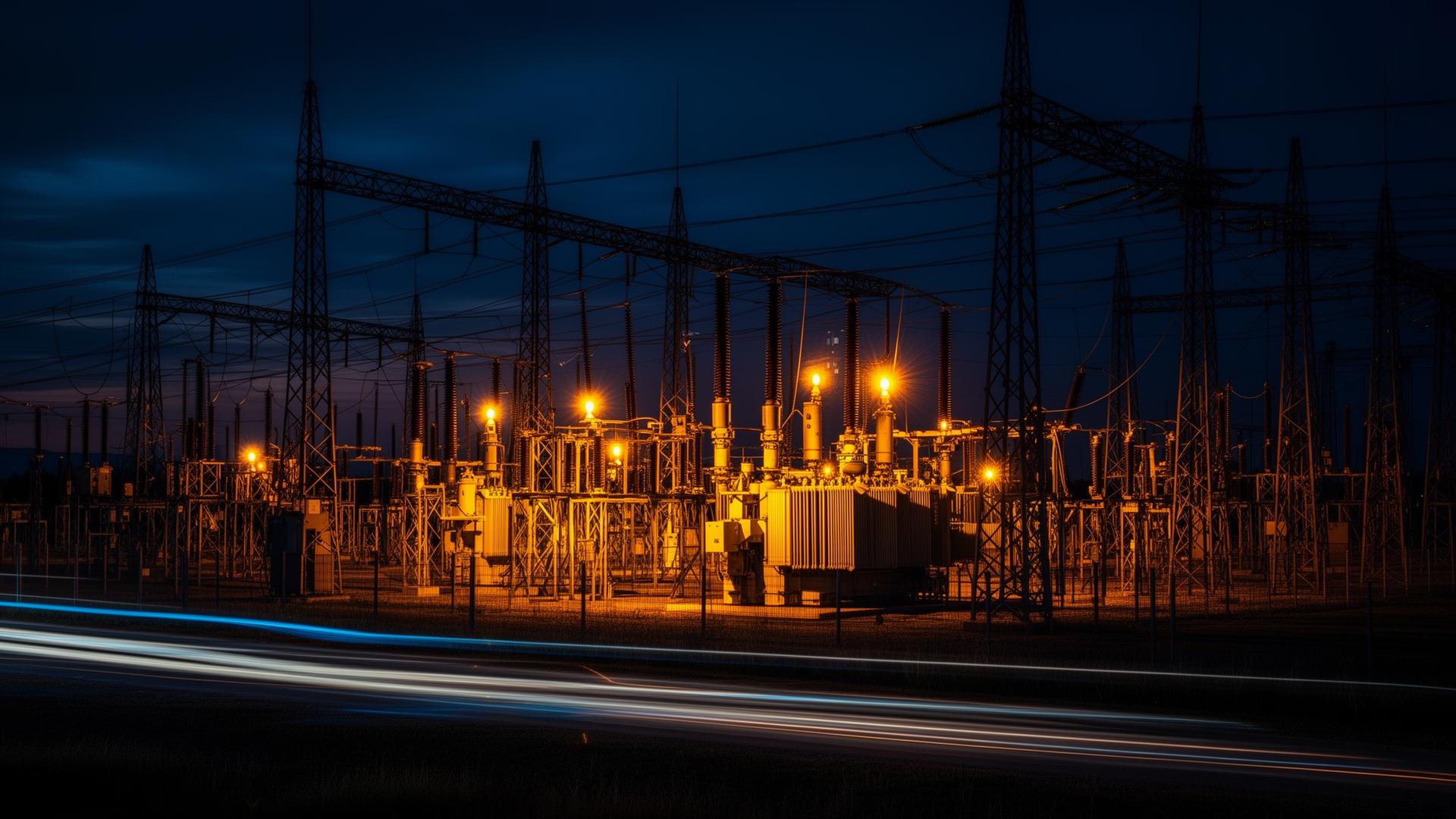Electrical substation at dusk